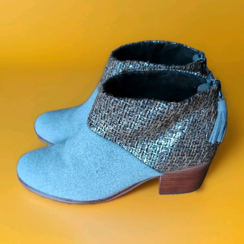 TOMS Leila Ankle Boots Booties Gray Silver Metallic Tweed Gray Wool Sz 9.5 M GUC